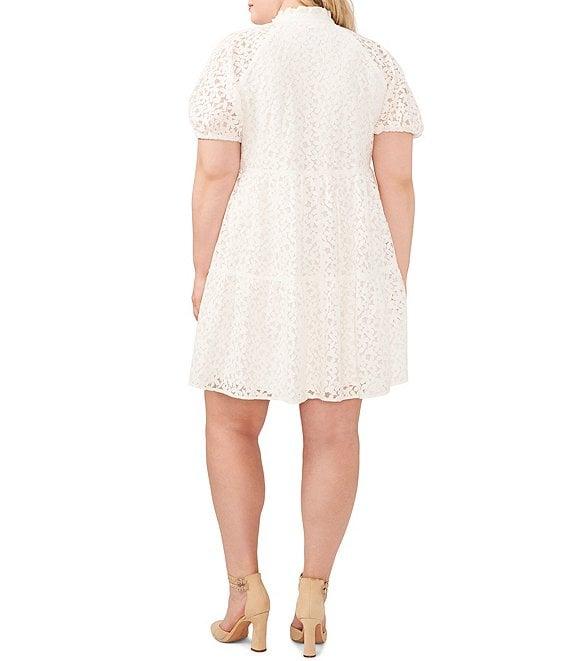 CeCe Plus Size Lace V-Neck Short Puff Sleeve Tiered Babydoll Mini Dress Product Image