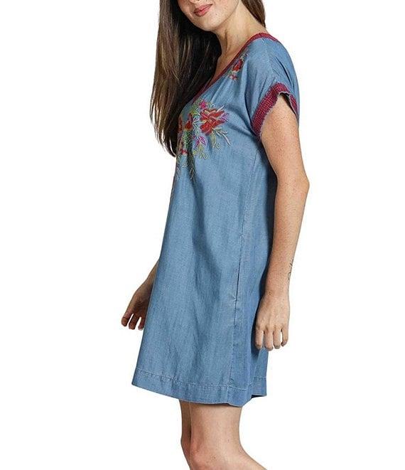 APNY Woven V-Neck Short Sleeves Embroidered A-Line Dress Product Image
