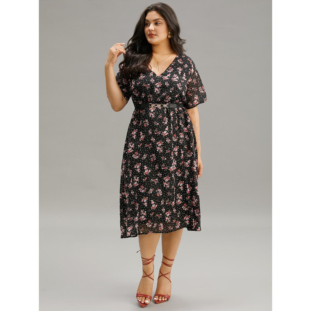 Plus Size Polka Dot & Floral Print Pocket V Neck Dress Black Women Elegant Lined V-neck Short sleeve Curvy Midi Dress BloomChic 28/5X Product Image