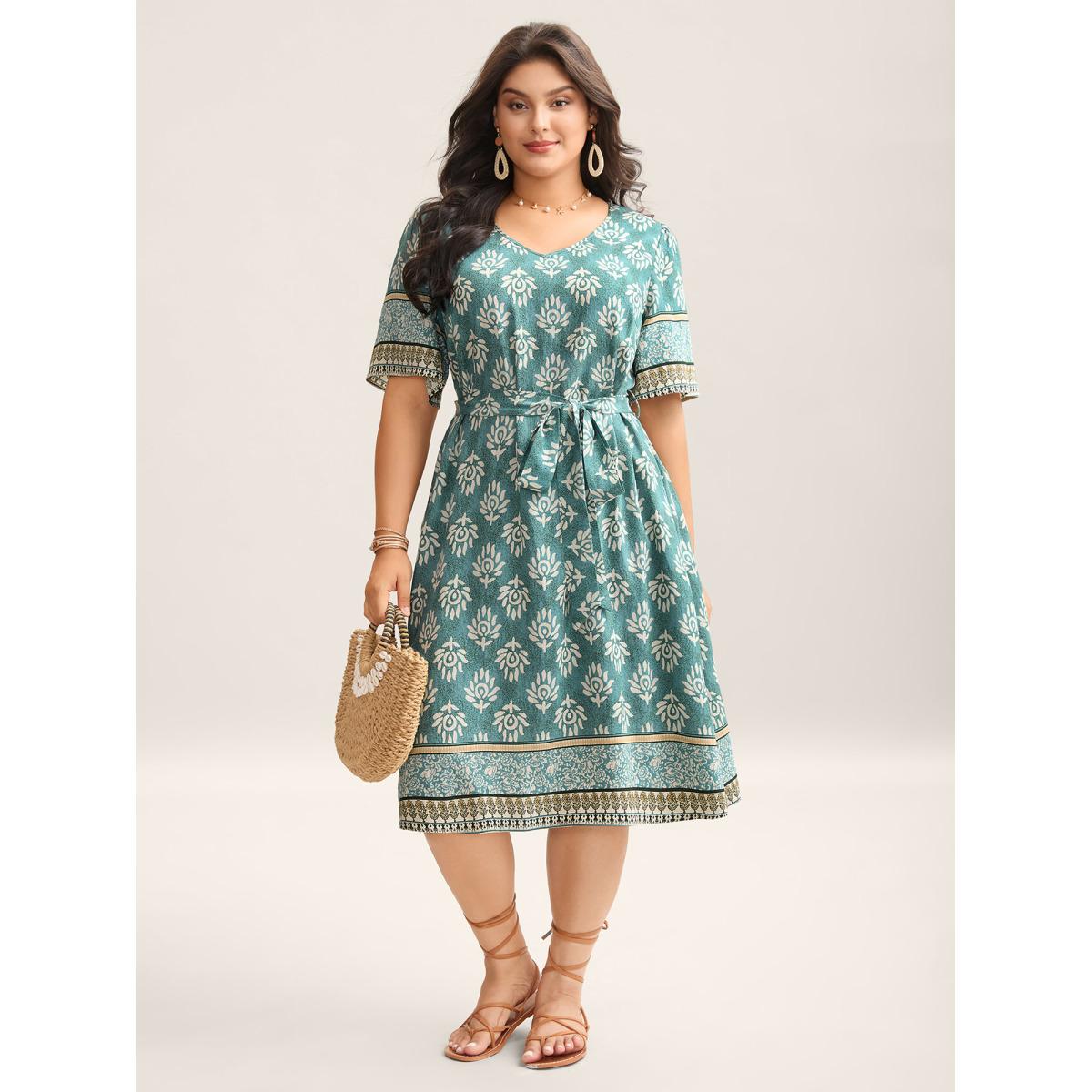 Plus Size Rayon Boho Print Tied Midi Dress Teal Women V-neck Short sleeve Curvy BloomChic 12/L Product Image