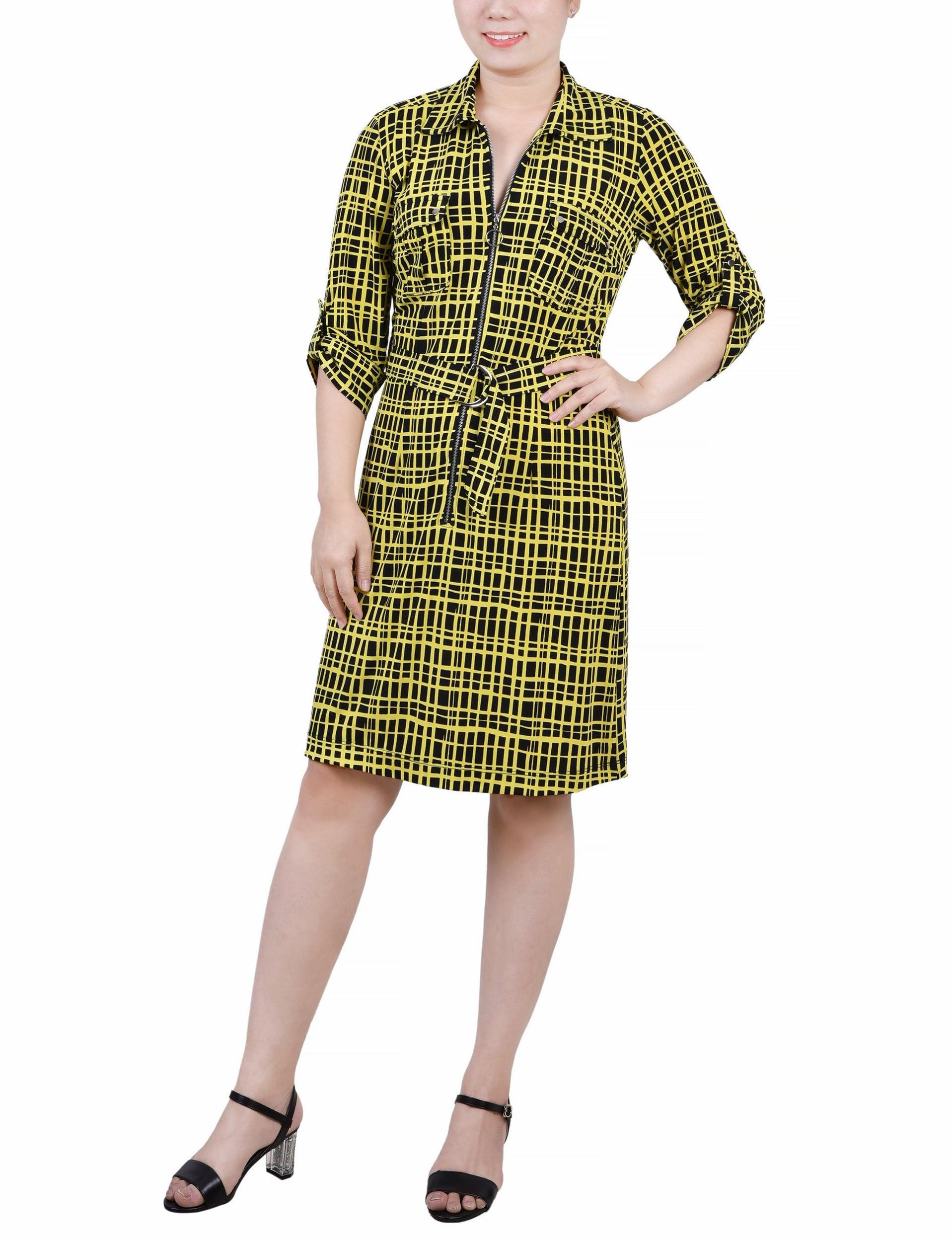 Golden Viewbox Belted Roll Tab Zip Front Shirtdress - Petite Product Image