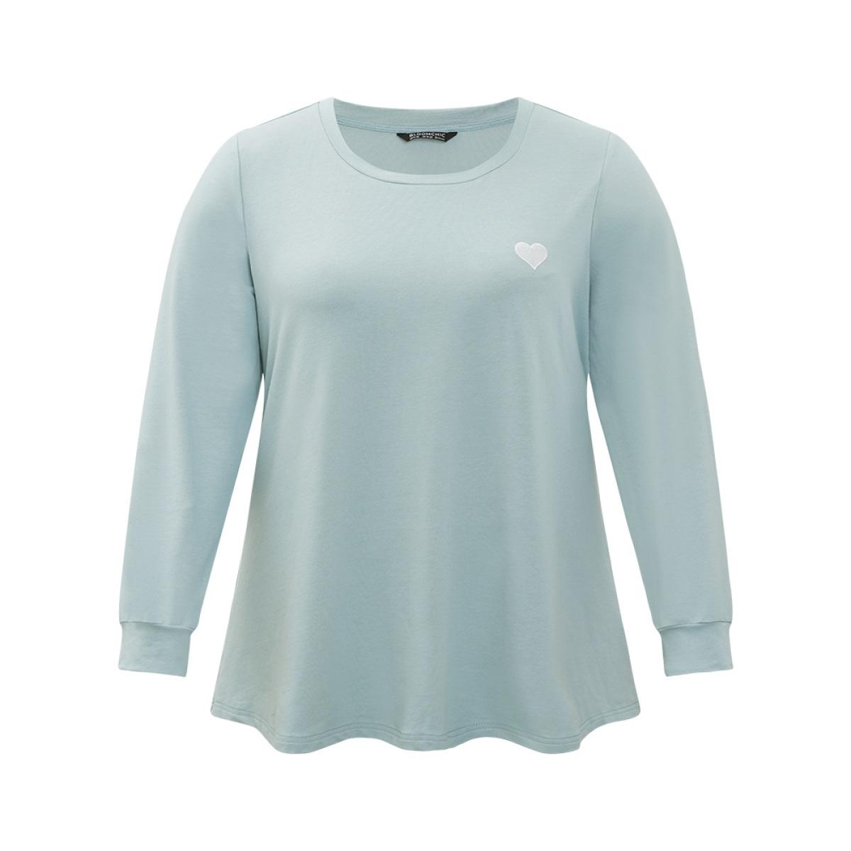 Plus Size Plain Heart Embroidered Crew Neck Sweatshirt Women Green Elegant Elastic cuffs Round Neck Dailywear Sweatshirts BloomChic 10/M Product Image