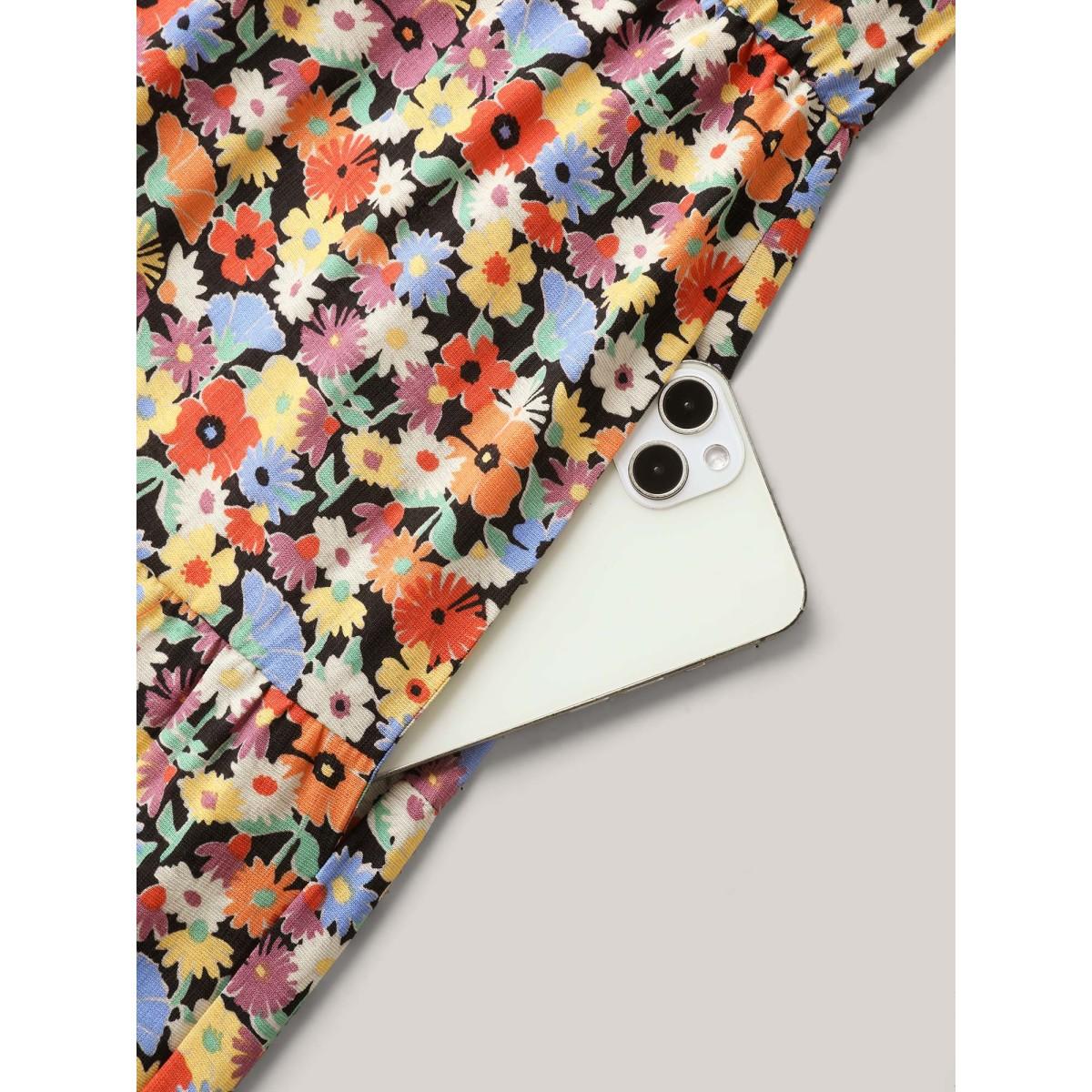 Plus Size Rayon Colorful Floral Print Tiered Pockets Midi Dress Multicolor Women Leisure Notched collar Cap Sleeve Curvy BloomChic 26/4X Product Image