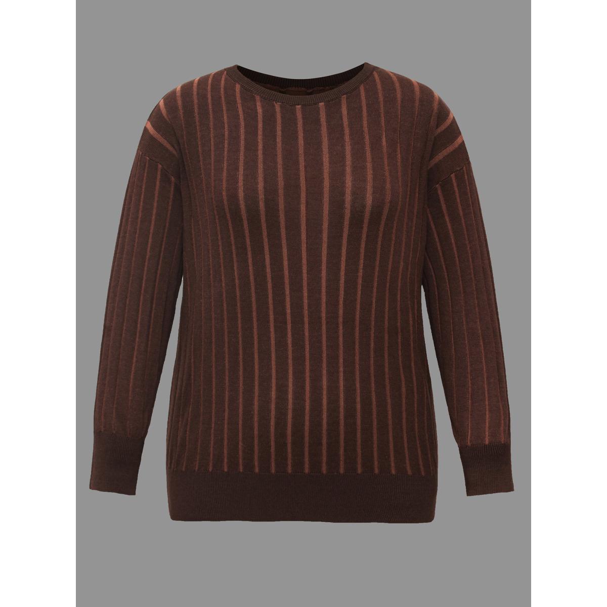 Plus Size Textured Ribbed Hem Round Neck Pullover Browncoffeecolor Women Casual Loose Long Sleeve Round Neck Everyday Pullovers BloomChic 10/M Product Image