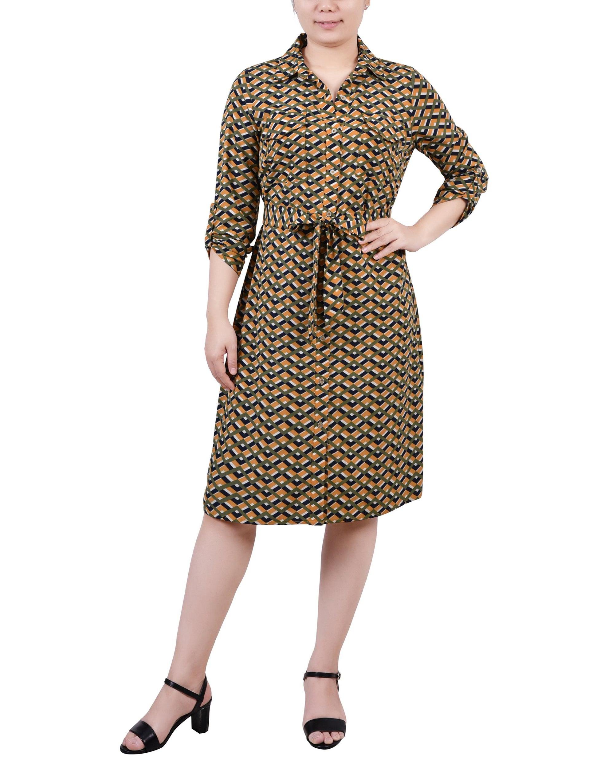 Cypress Inca Gold Navy Zigzag 3/4 Roll Tab Sleeve Belted Shirtdress - Petite Product Image