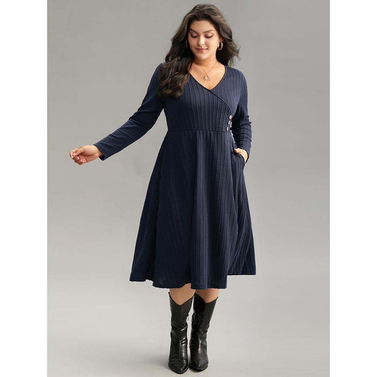 Plus Size Solid Appliques Button Detail Elastic Waist Dress Midnight Women Casual Texture Deep V-neck Long Sleeve Curvy Midi Dress BloomChic 12/L Product Image