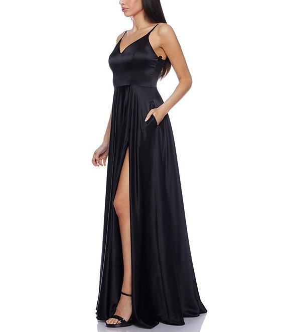 B. Darlin V-Neck Spaghetti Strap Princess Seam Side Slit Flounce Satin Gown Product Image