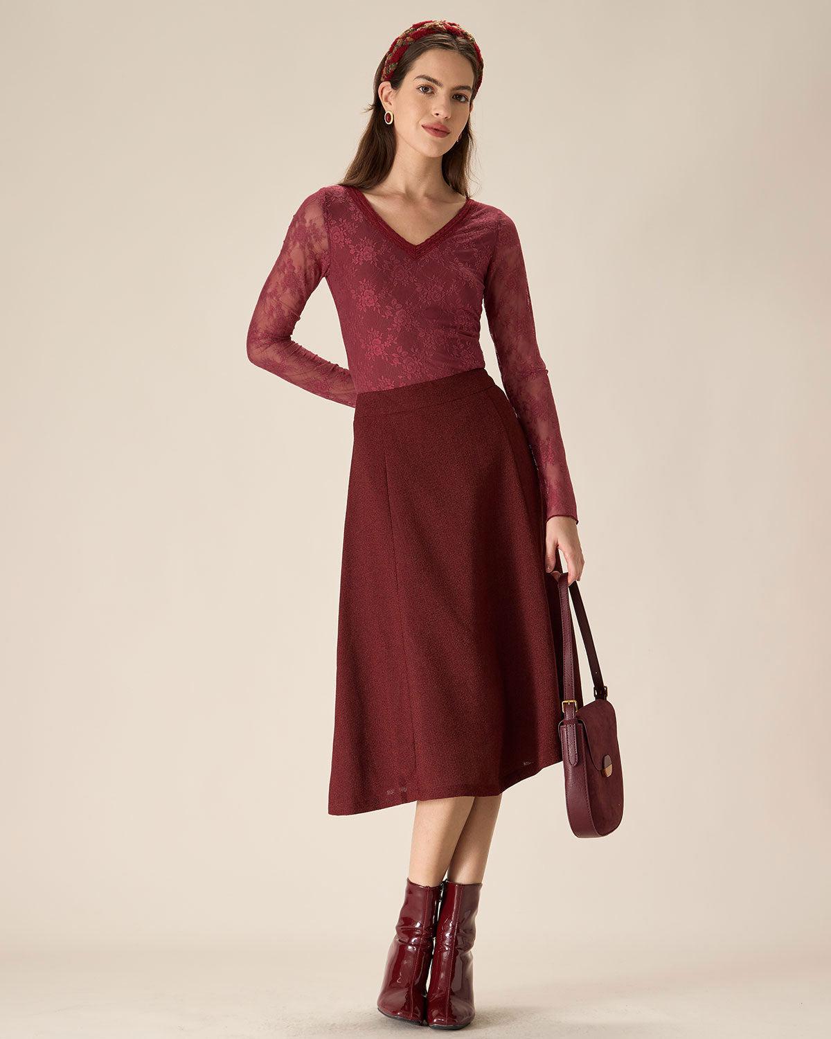 Red Floral V-Neck See-Through Lace Tee Product Image