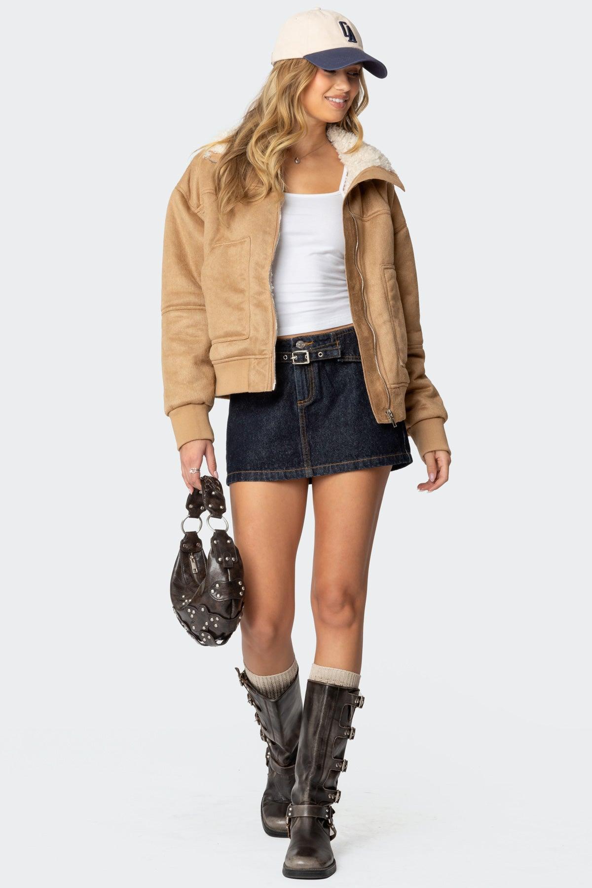 Faux Suede Shearling Bomber Jacket Product Image