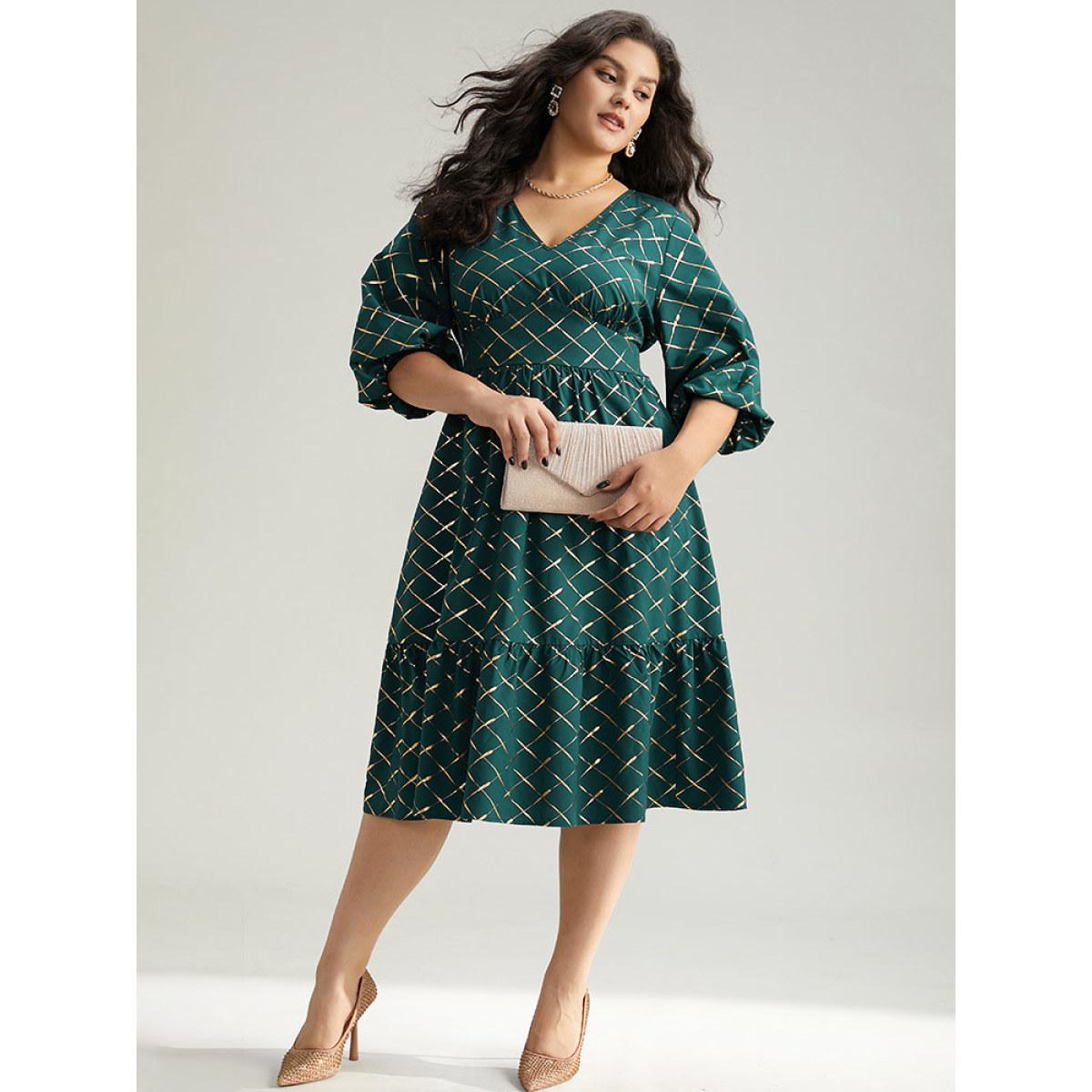 Plus Size Glitter Plaid Lantern Sleeve Ruffle Hem Dress DarkGreen Women Party Elastic cuffs V-neck Elbow-length sleeve Curvy Midi Dress BloomChic 10/M Product Image