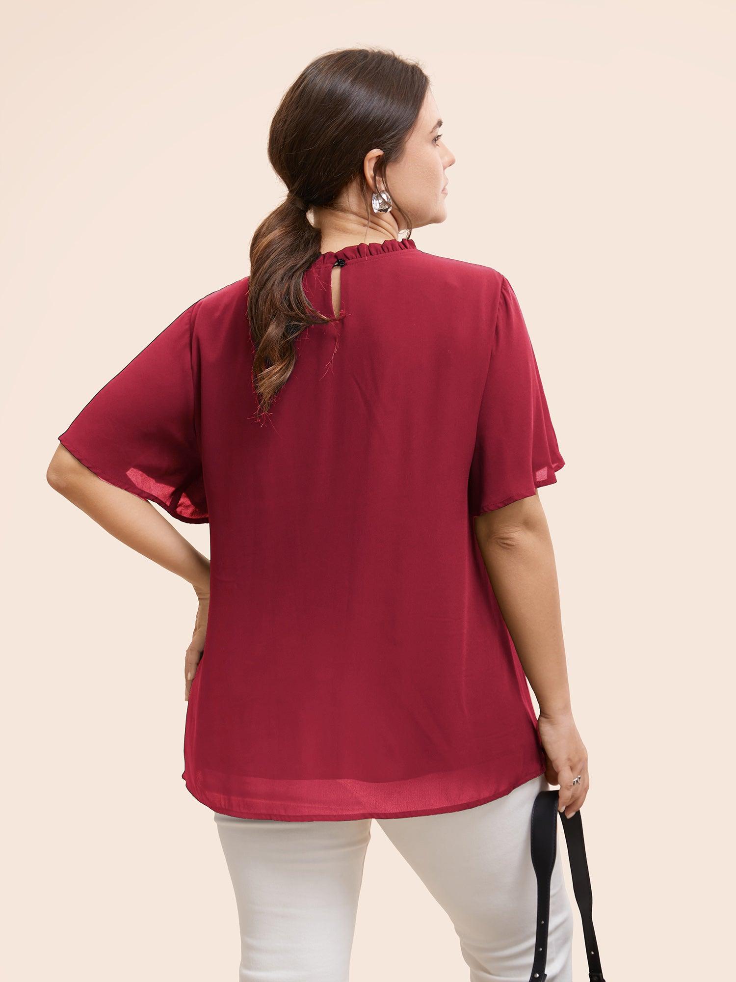 Anti-Wrinkle Shirred Ruffle Sleeve Mesh Frill Trim Blouse Female Product Image