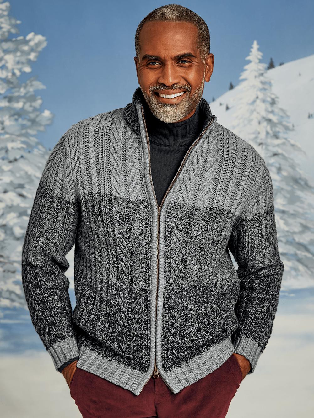 Cotton Cable Full Zip Mock Neck Sweater - Black/grey Product Image