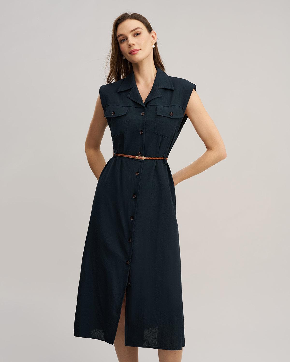 Blue Sleeveless Belted Midi Dress Product Image