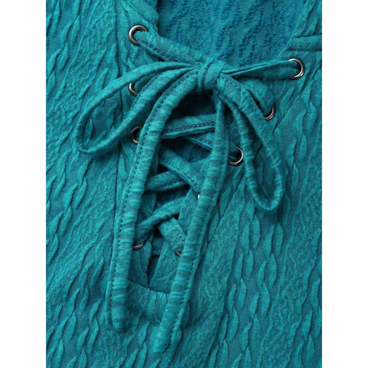 Plus Size Plain Textured Lace Up Hooded Sweatshirt Women Teal Casual Eyelet Non Everyday Sweatshirts BloomChic 18-20/2X Product Image