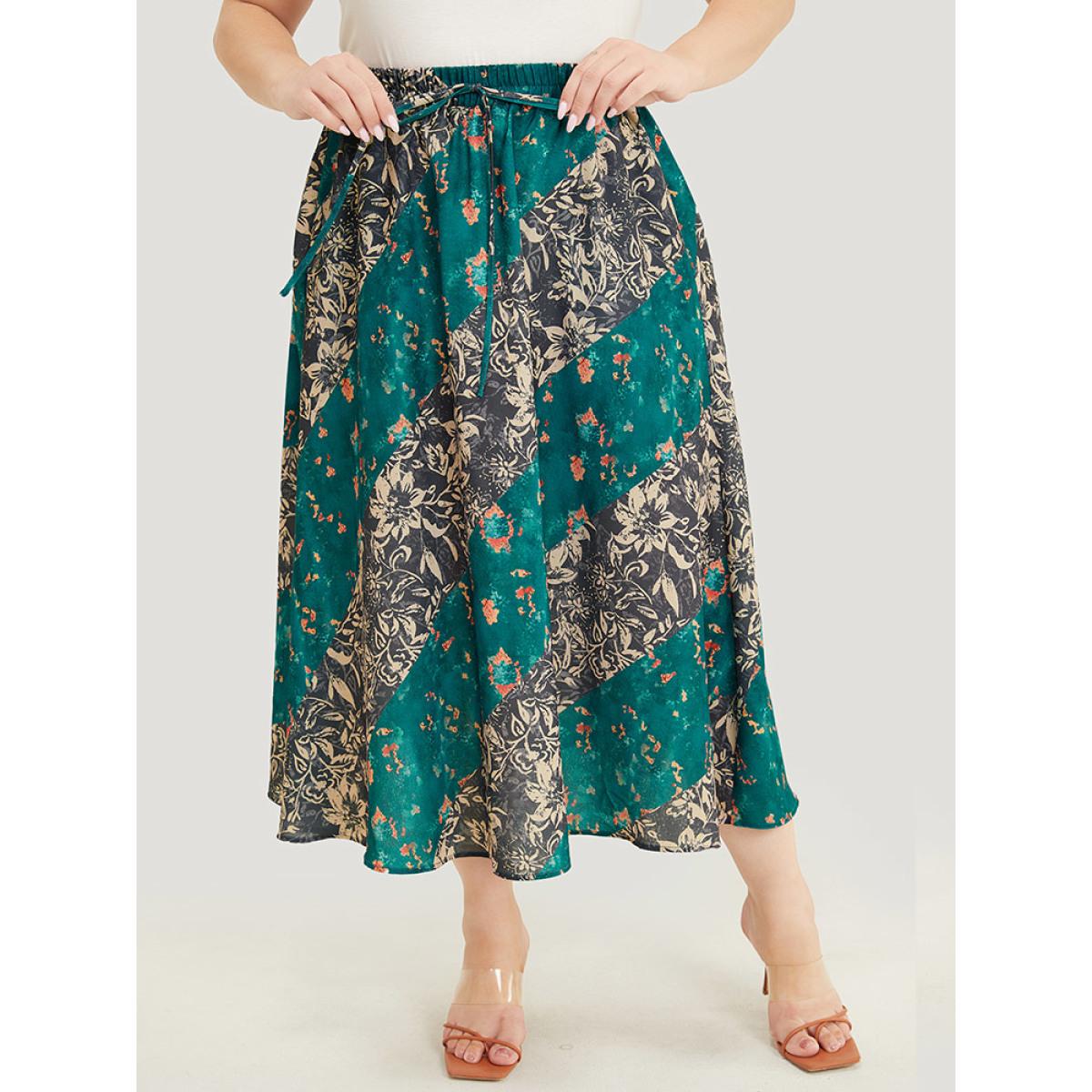 Plus Size Floral Contrast Pocket Knot Front Skirt Women Multicolor Elegant Contrast No stretch Pocket Dailywear Skirts BloomChic 12/L Product Image