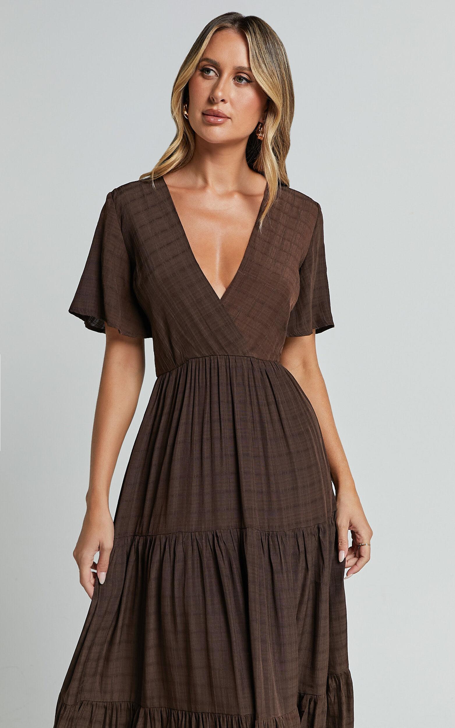 Cryzel Midi Dress - Flutter Sleeve Tiered Dress in Chocolate Product Image