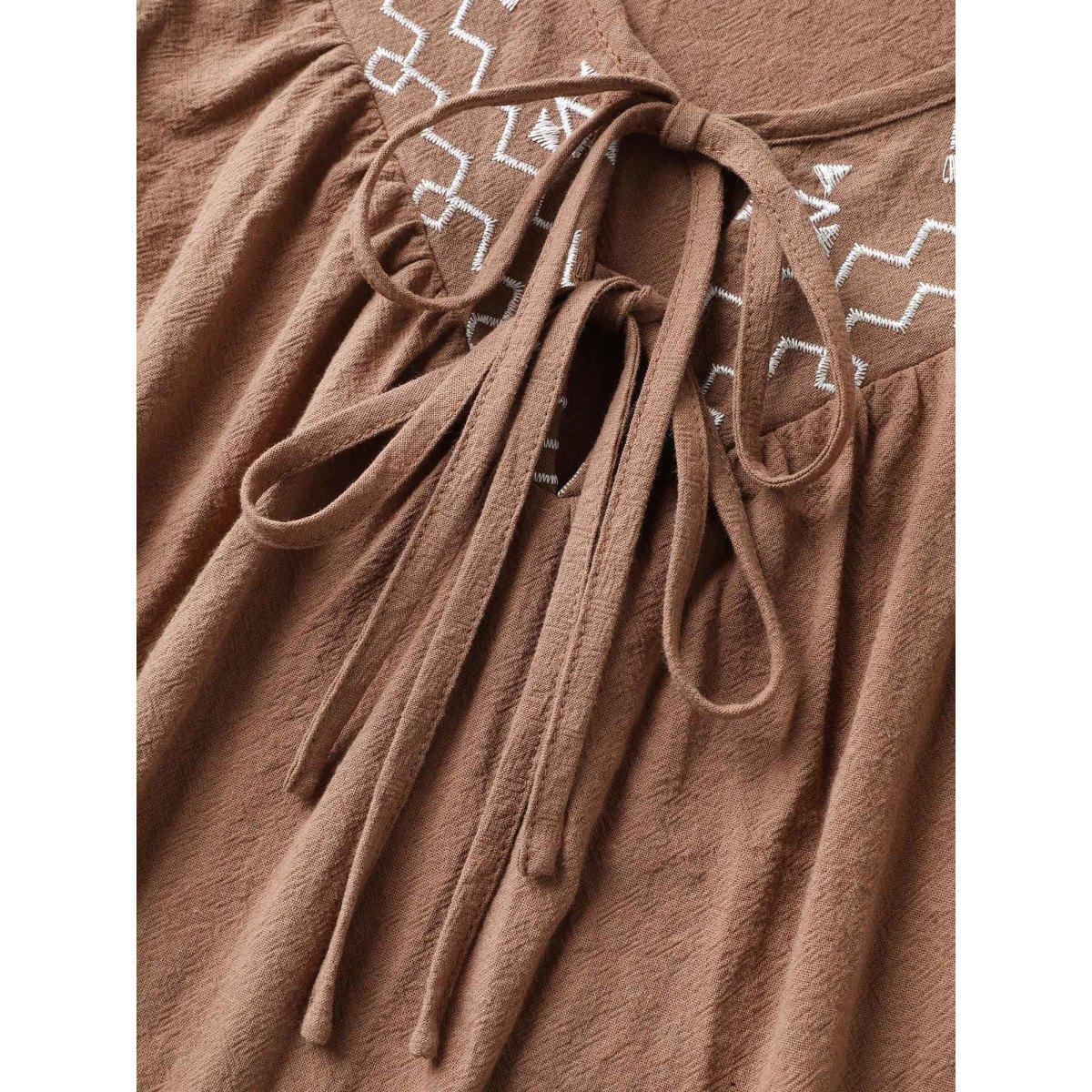 Plus Size Bronze Pure Cotton Embroidered Neck Blouse Women Boho Short sleeve V-neck Vacation Blouses BloomChic 10/M Product Image