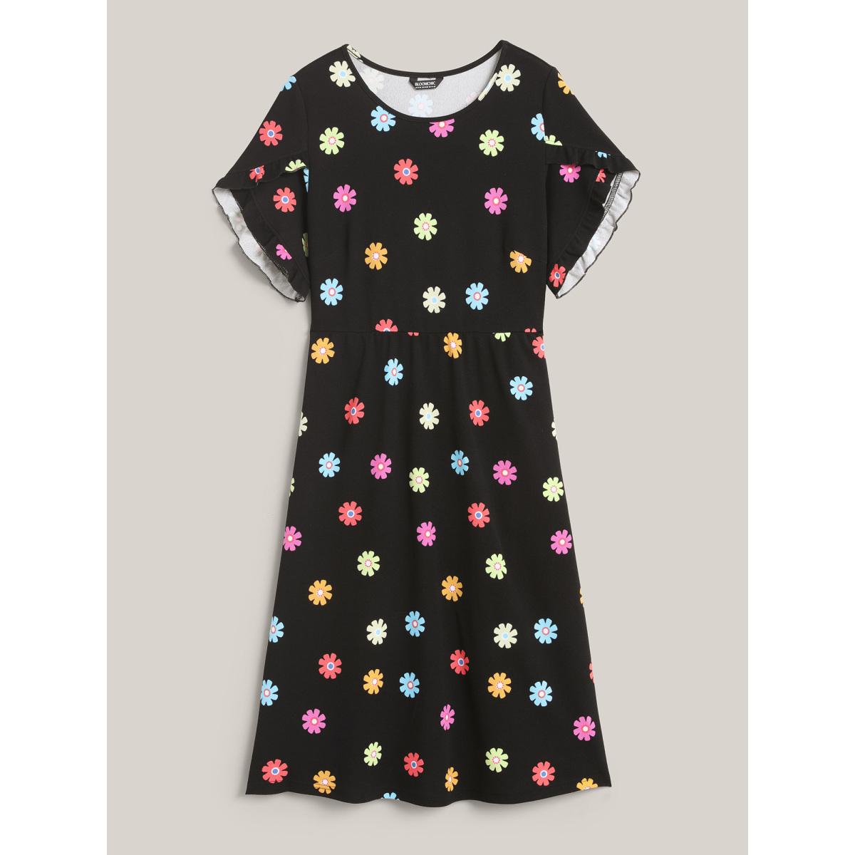 Plus Size Stretchy-Waist Floral Print Pockets Midi Dress Black Women Leisure Texture Knit Dresses Bloomchic 14-16/1X Product Image