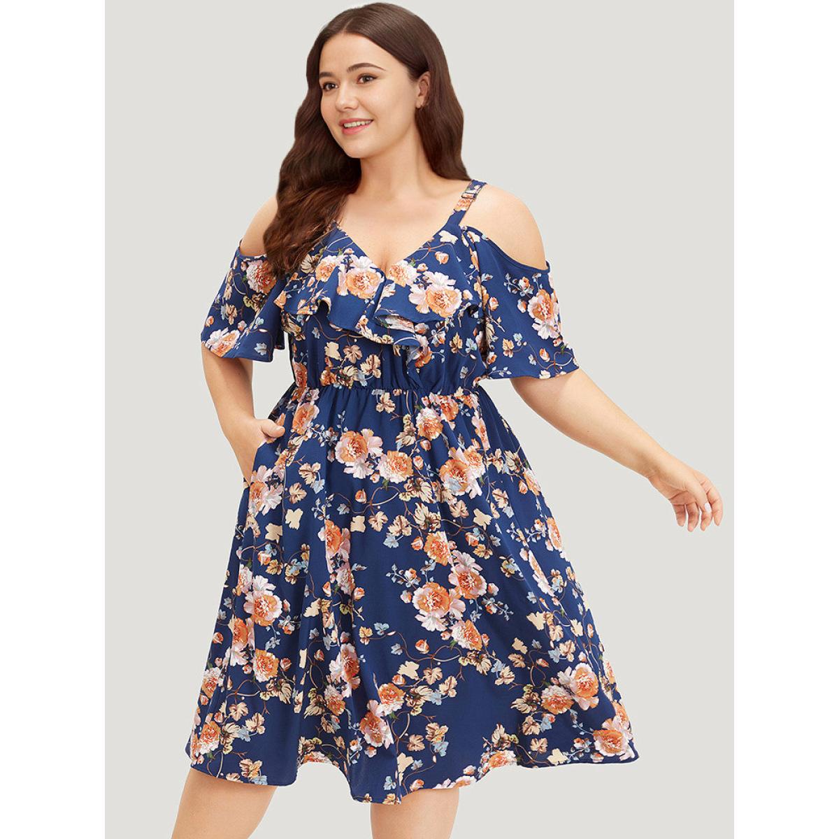 Plus Size Floral Print Ruffle Trim Elastic Waist Cold Shoulder Dress Indigo Women Elegant Adjustable Straps V-neck Short sleeve Curvy Midi Dress BloomChic 28/5X Product Image