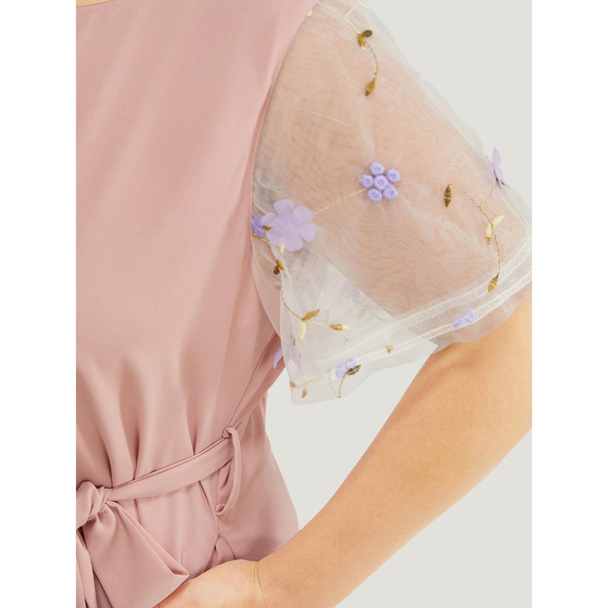 Plus Size Floral Mesh Sleeve Flutter Pocket Belt Knee Dress MistyRose Women Elegant Belted Round Neck Short sleeve Curvy Knee Dress BloomChic 22-24/3X Product Image