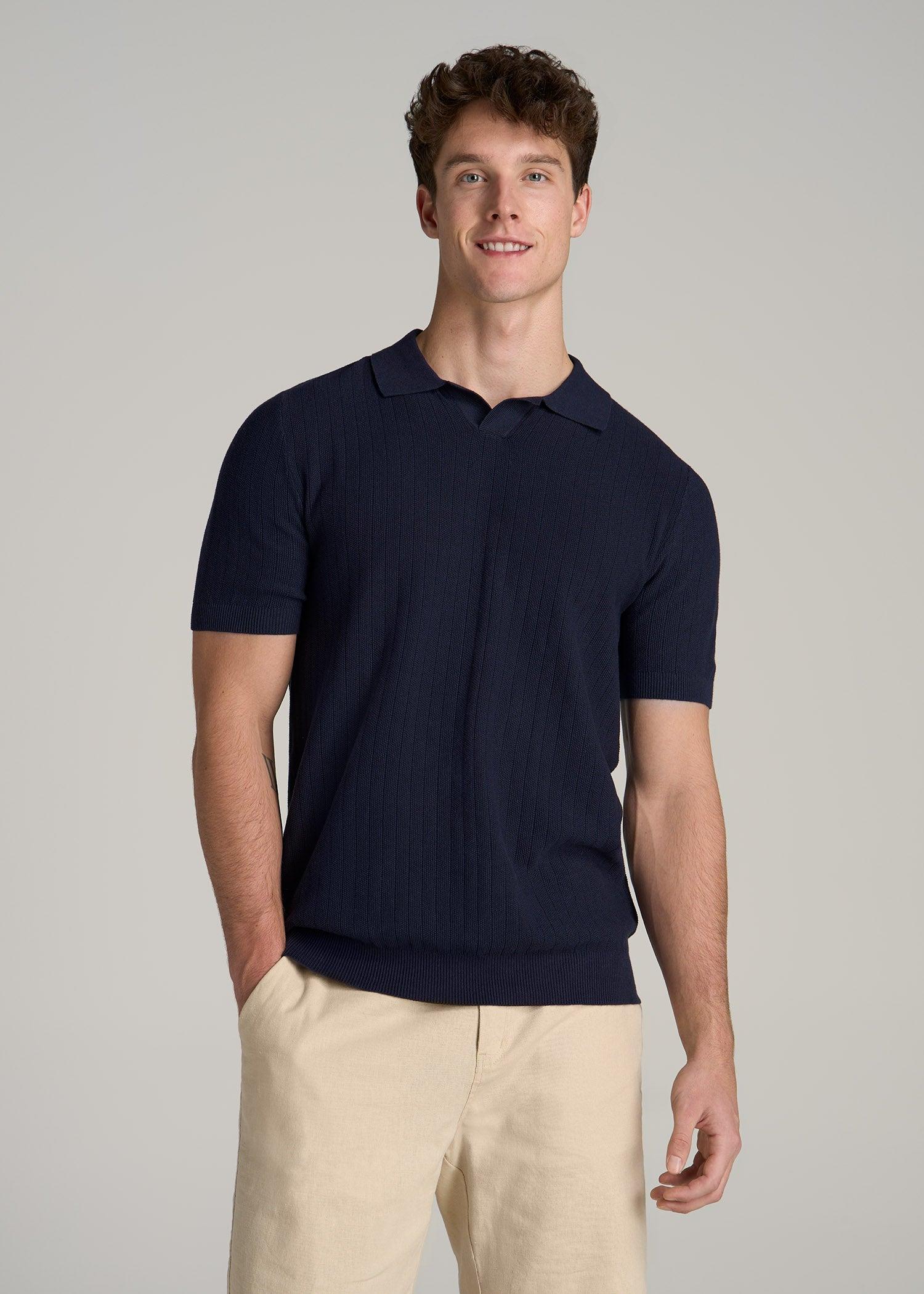 Linen Blend Ribbed Knit Polo Shirt for Tall Men in Stone Male Product Image