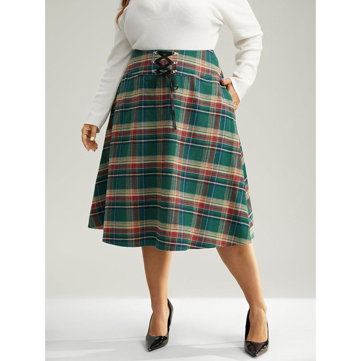 Plus Size Plaid Lace Up Pocket Cropped Skirt Women DarkGreen Party Style accents No stretch Pocket Festival-Christmas Skirts BloomChic 10/M Product Image