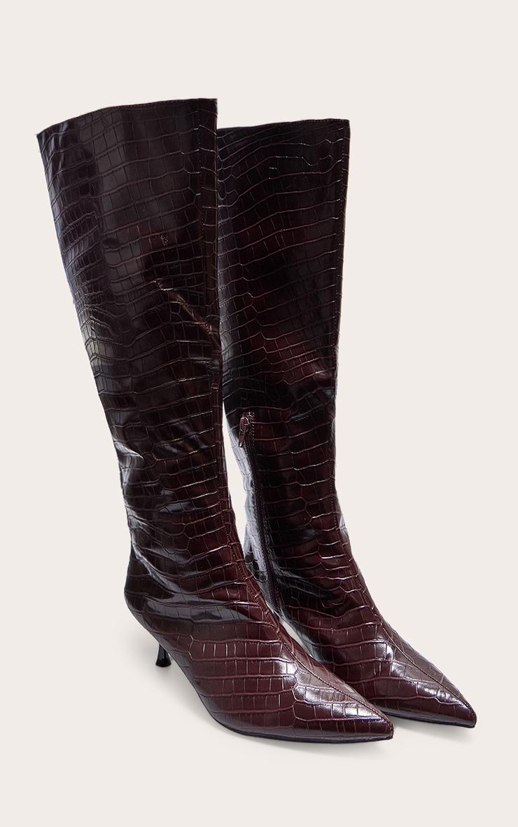Burgundy Croc PU Point Toe Low Heel Knee High Boots Product Image