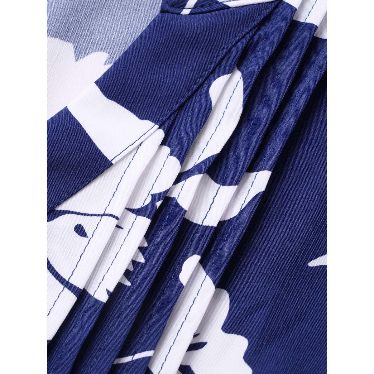 Plus Size Silhouette Floral Print Ruffle Cap Sleeve Dress Navy Women Elegant Belted V-neck Sleeveless Curvy Midi Dress BloomChic 22-24/3X Product Image