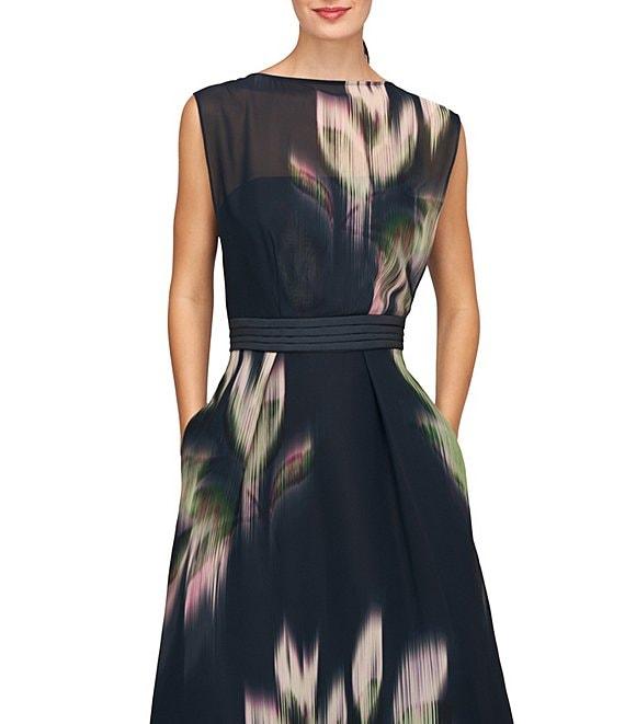 Kay Unger Floral Printed Chiffon Boat Neck Sleeveless Keyhole Back Side Pocket Gown Product Image