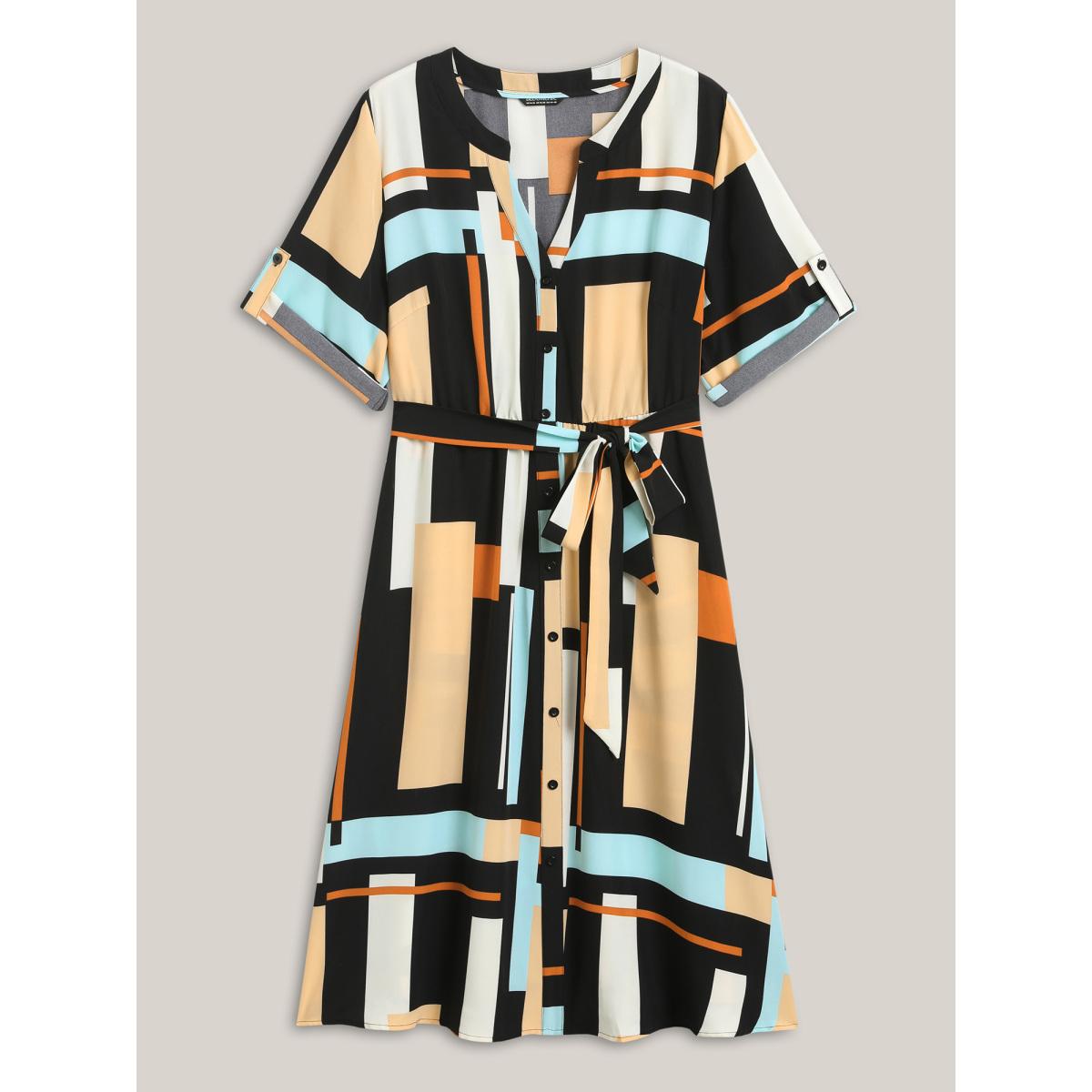 Plus Size Geometric Print Stretchy Waist Belted Midi Dress Emerald Women Flat collar with V-notch Short sleeve Curvy BloomChic 26/4X Product Image