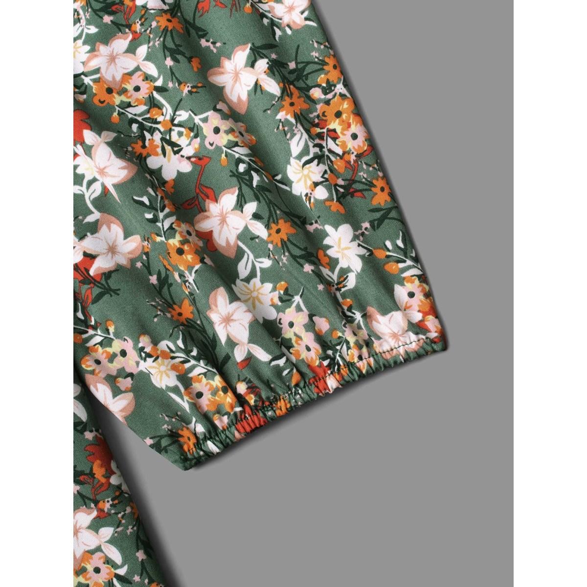 Plus Size Sage Floral Lace Panel Lantern Sleeve Blouse Women Elegant Long Sleeve V-neck Everyday Blouses BloomChic 10/M Product Image