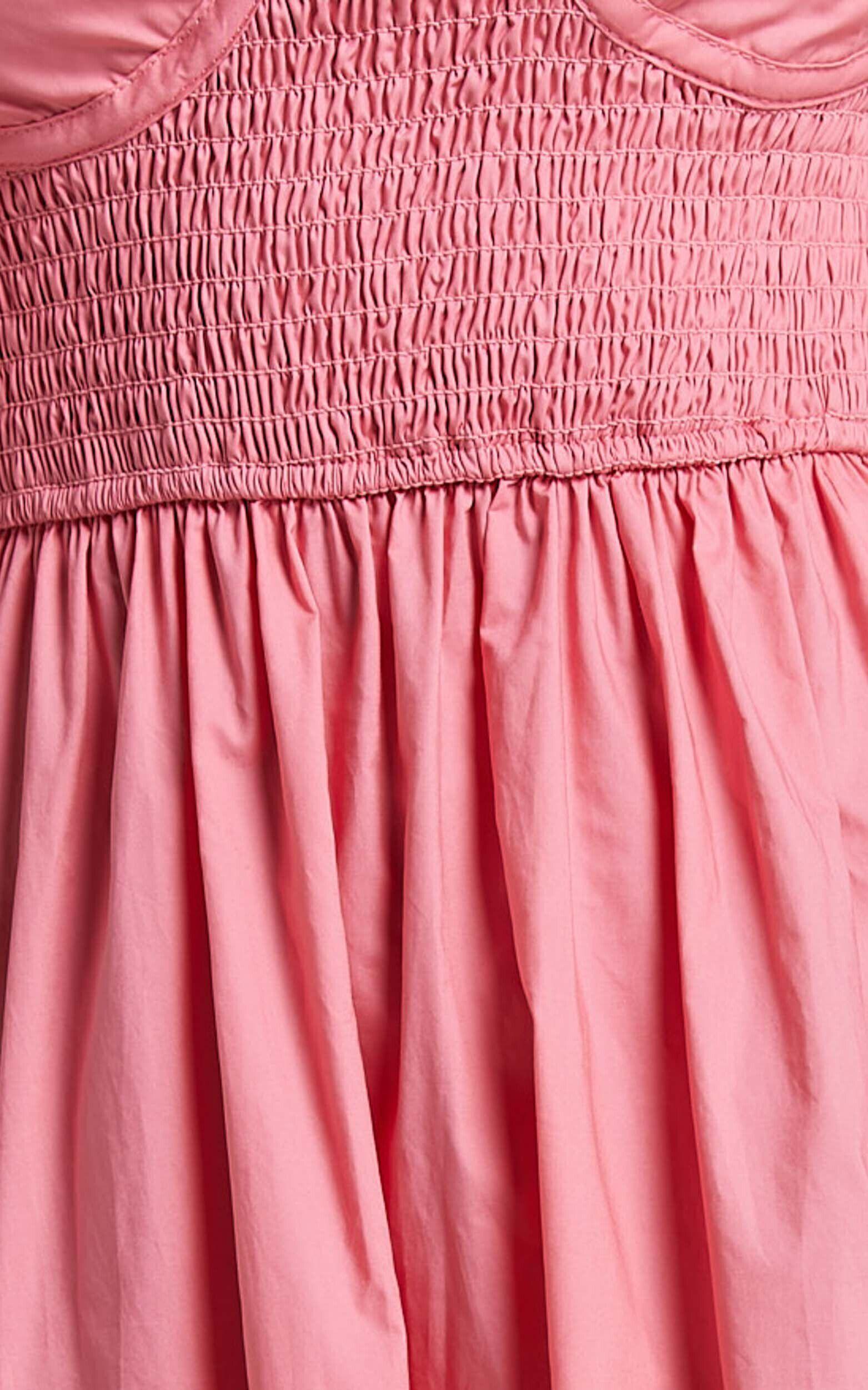 Raiza Midi Dress - Shirred Waist Puff Sleeve Dress in Coral Pink Product Image