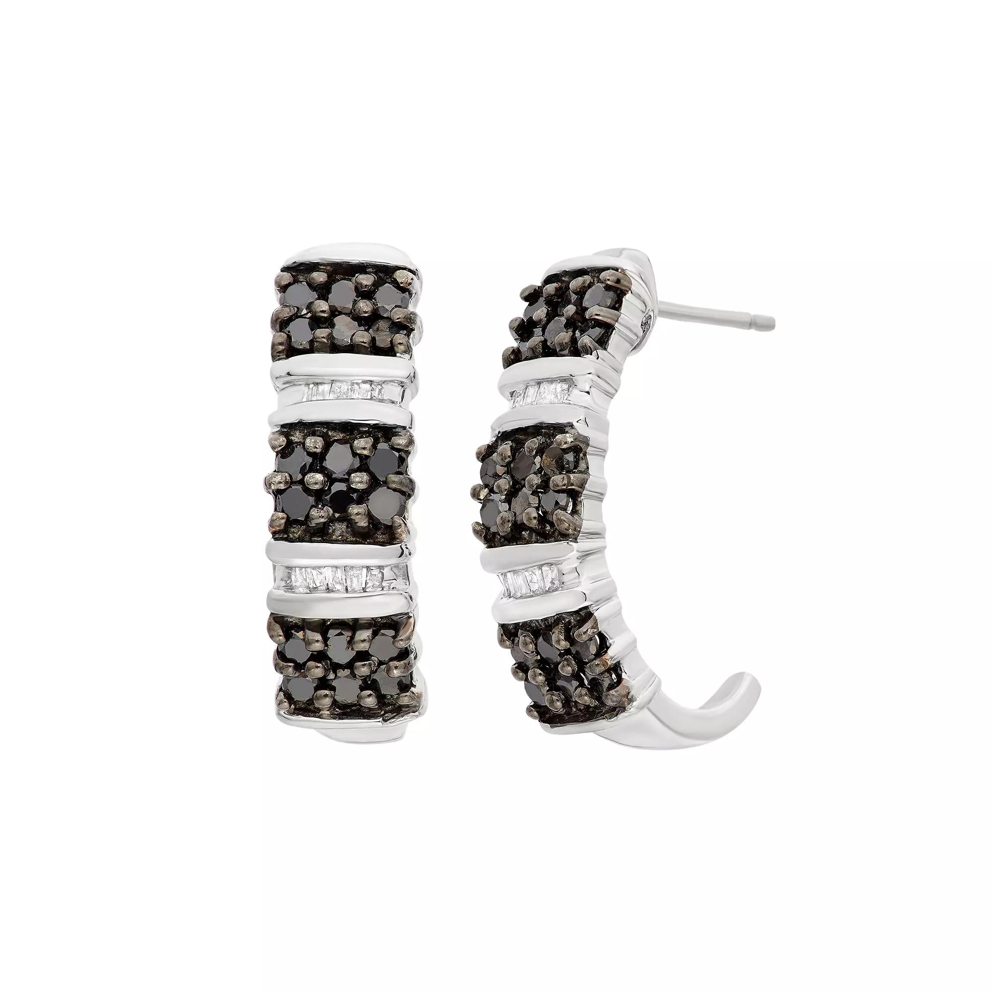 Jewelexcess 1 Carat T. W. Black and White Diamond Sterling Silver J-Hoop Earrings, Women's Product Image