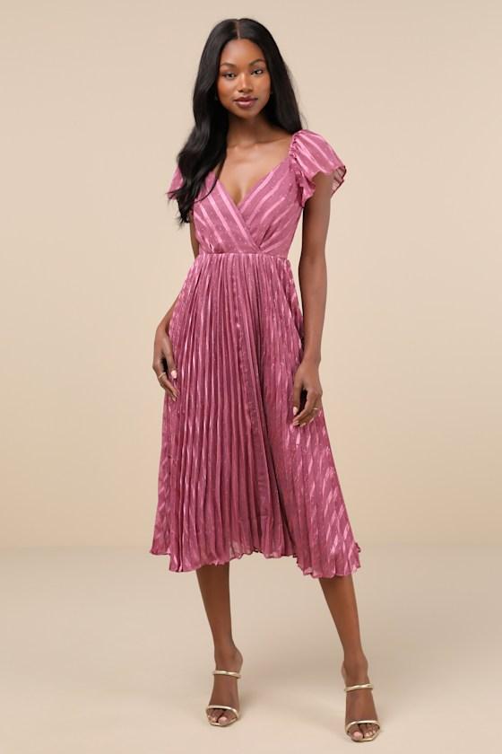 Standout Sophistication Mauve Lurex Flutter Sleeve Midi Dress Product Image