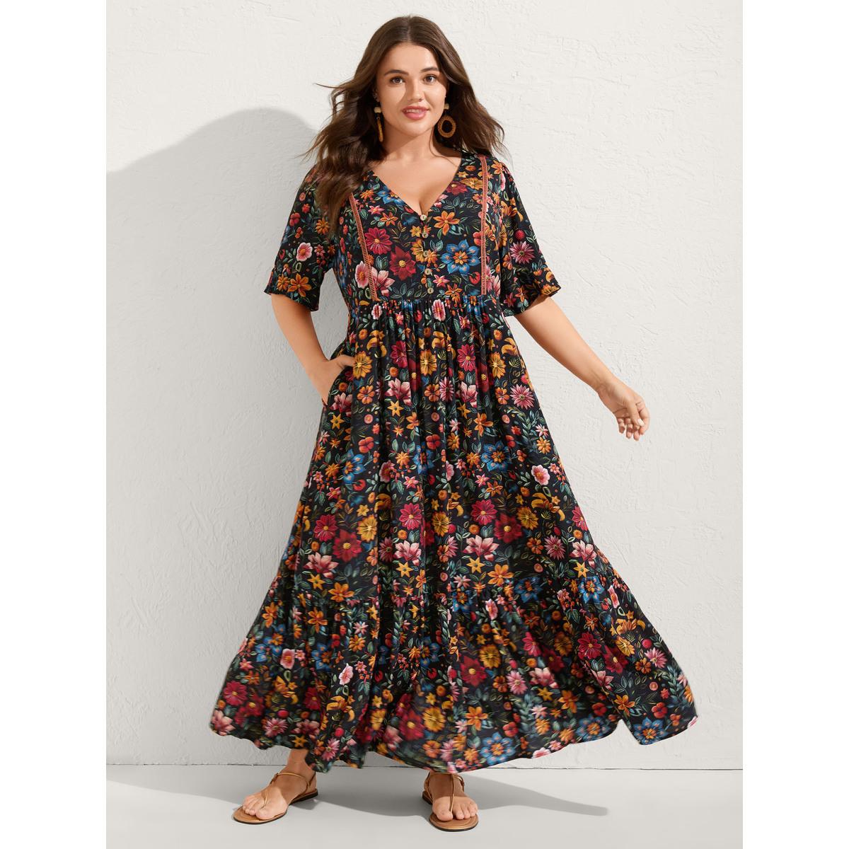 Plus Size Rayon Floral Lace Trim Button Maxi Dress Black Women Boho V-neck Half Sleeve Curvy BloomChic 30/6X Product Image