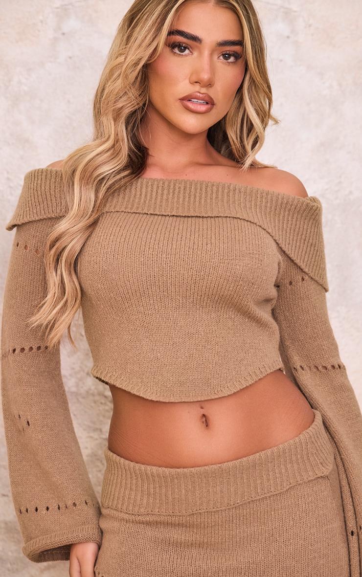 Chocolate Fold Over Bardot Knit Long Sleeve Top Product Image