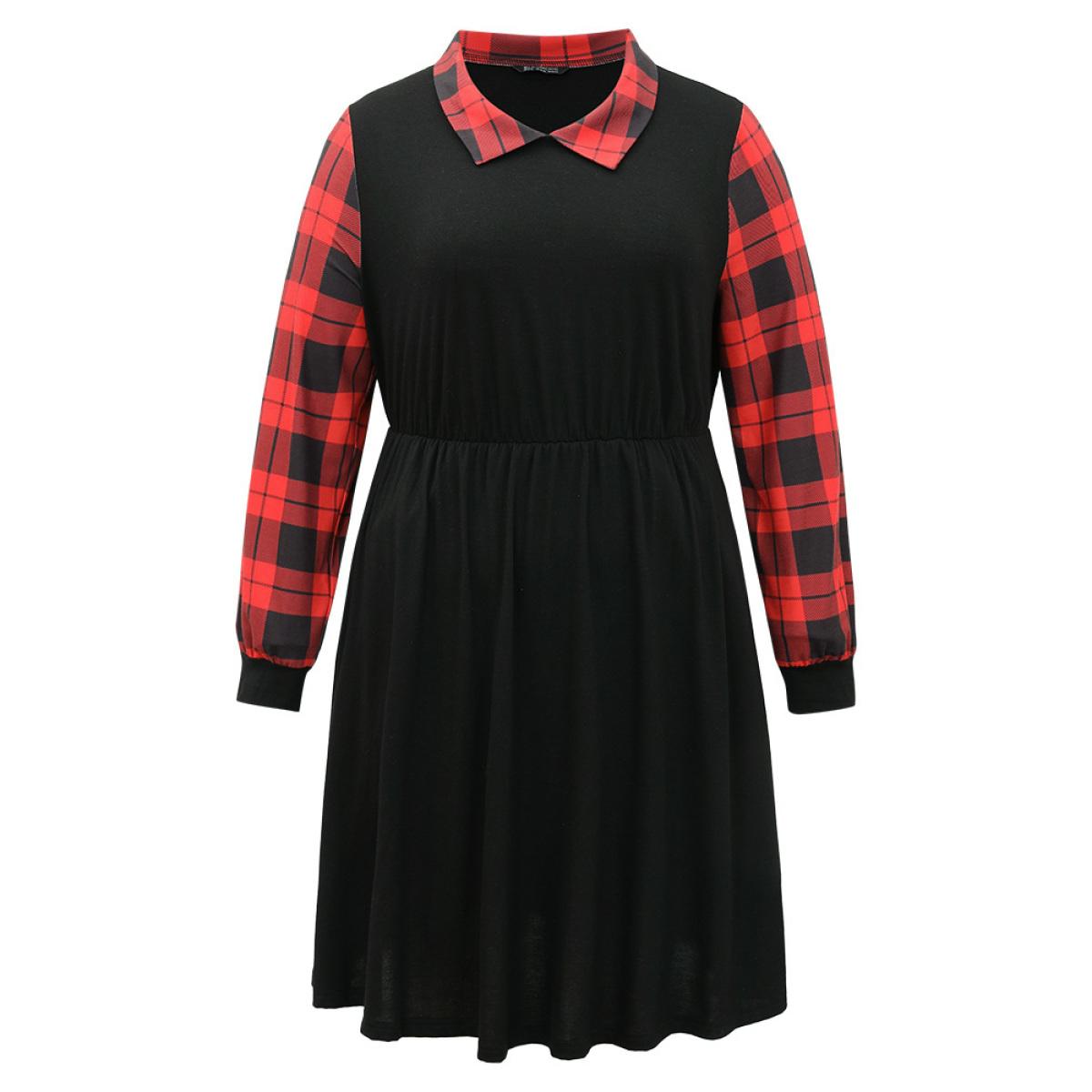 Plus Size Supersoft Essentials Plaid Patchwork Gathered Dress Black Women Casual Patchwork Lapel Collar Long Sleeve Curvy Knee Dress BloomChic 12/L Product Image