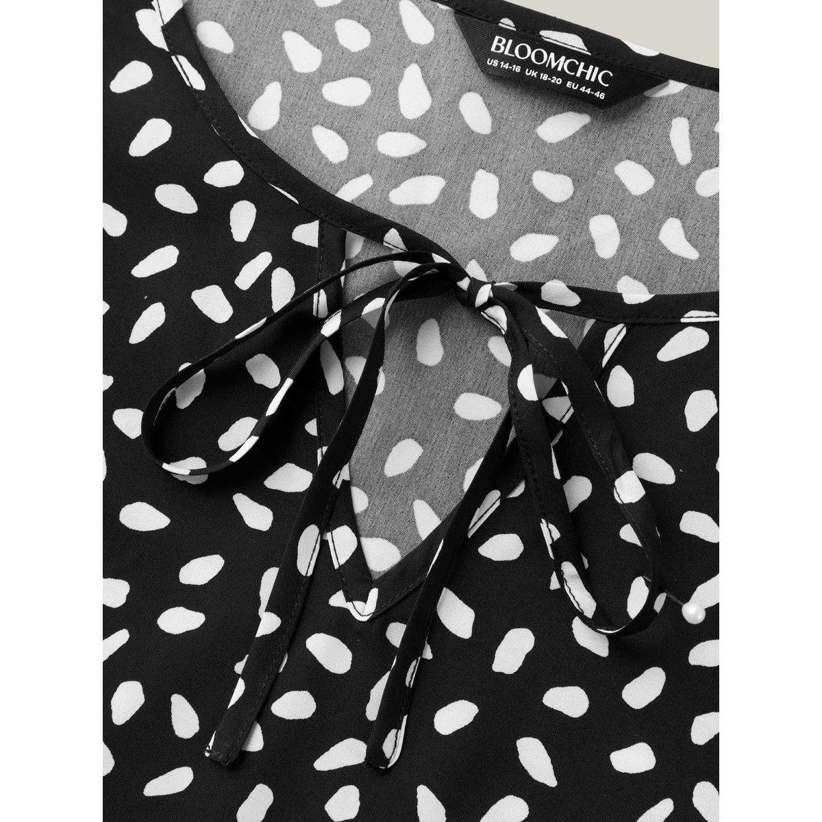 Plus Size Black Petal Print Neck Tie Flowy Blouse Women Half Sleeve Round Neck Work Blouses BloomChic 30/6X Product Image