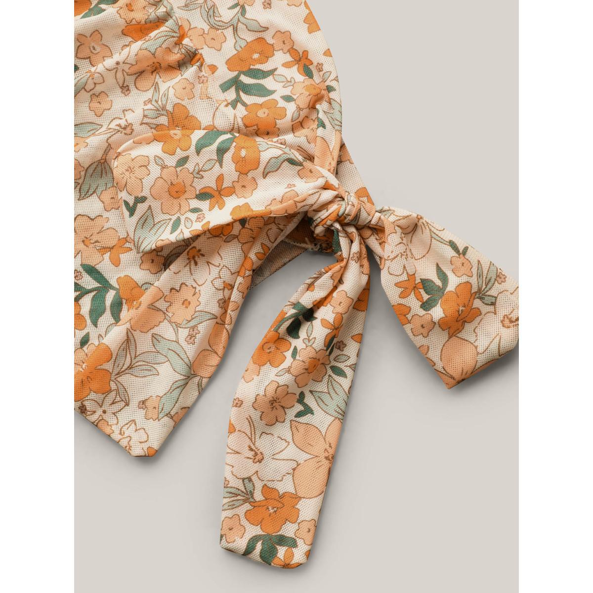 Plus Size Floral Knotted Mesh One-Piece,Sarong Women's Swimwear Multicolor Beach Gathered Curve Bathing Suits High stretch One Pieces BloomChic 10/M Product Image