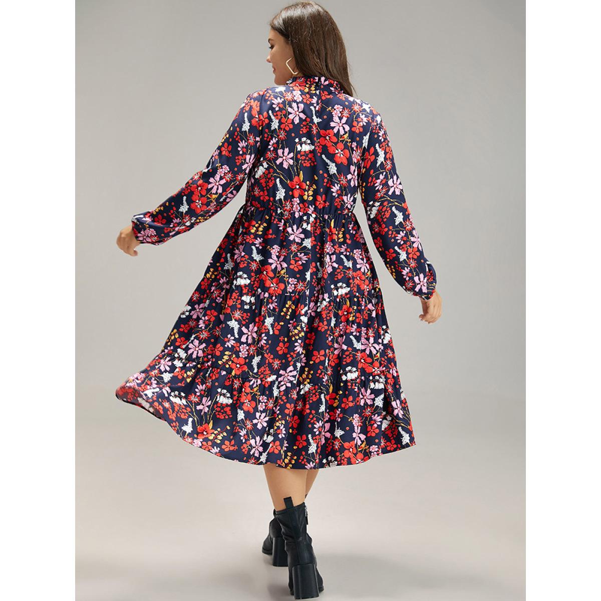 Plus Size Floral Print Keyhole Shirred Dress DarkBlue Women Elegant Elastic cuffs Mock Neck Long Sleeve Curvy Midi Dress BloomChic 14-16/1X Product Image