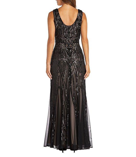 R & M Richards Petite Size Sleeveless V-Neck Sequin Godet Skirt Maxi Dress Product Image