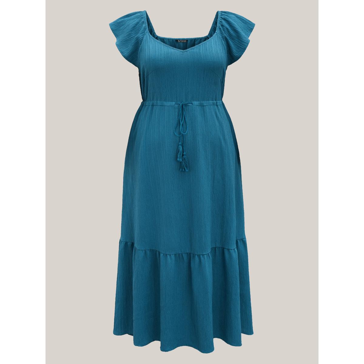 Plus Size Texture Drawstring Tie Knot Tassels Dress Cerulean Women Resort Tie knot V-neck Cap Sleeve Curvy BloomChic 22-24/3X Product Image