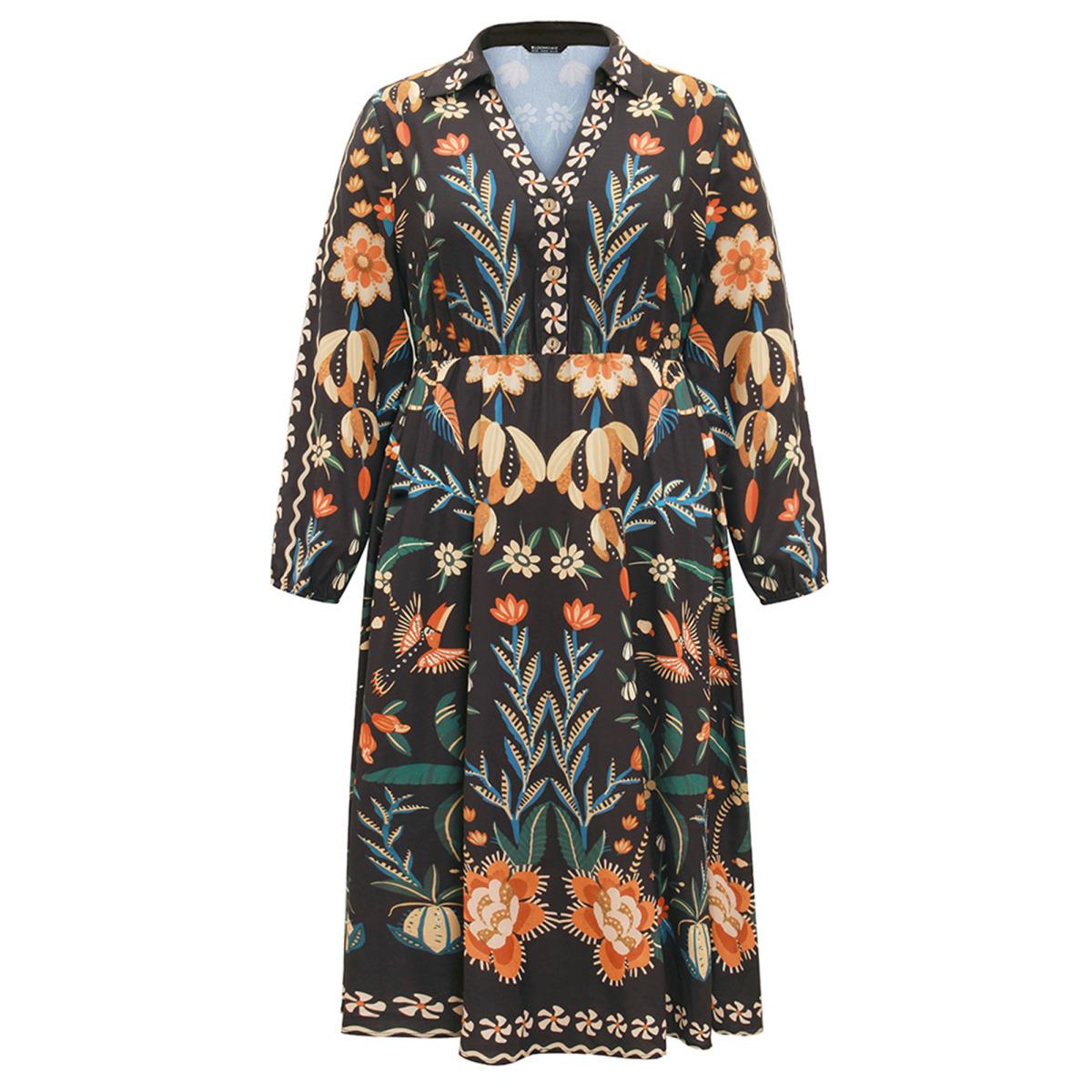 Plus Size Bandana Print Pocket Lapel Collar Elastic Cuffs Dress Black Women Resort Non V-neck Long Sleeve Curvy Midi Dress BloomChic 12/L Product Image