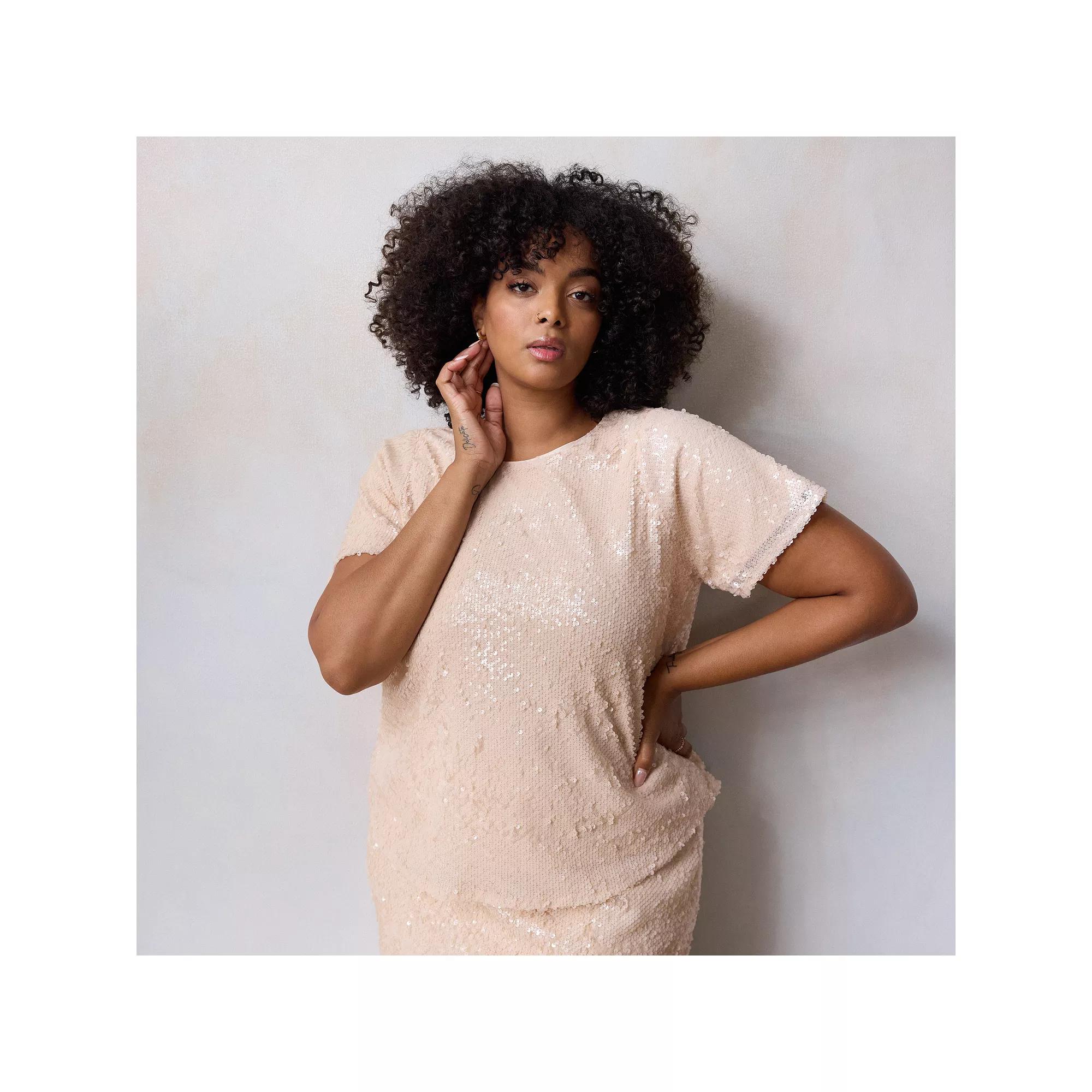 Plus Size LC Lauren Conrad Woven Crew Neck Tee Top, Women's, Size: 3XL, Parker Pink Product Image