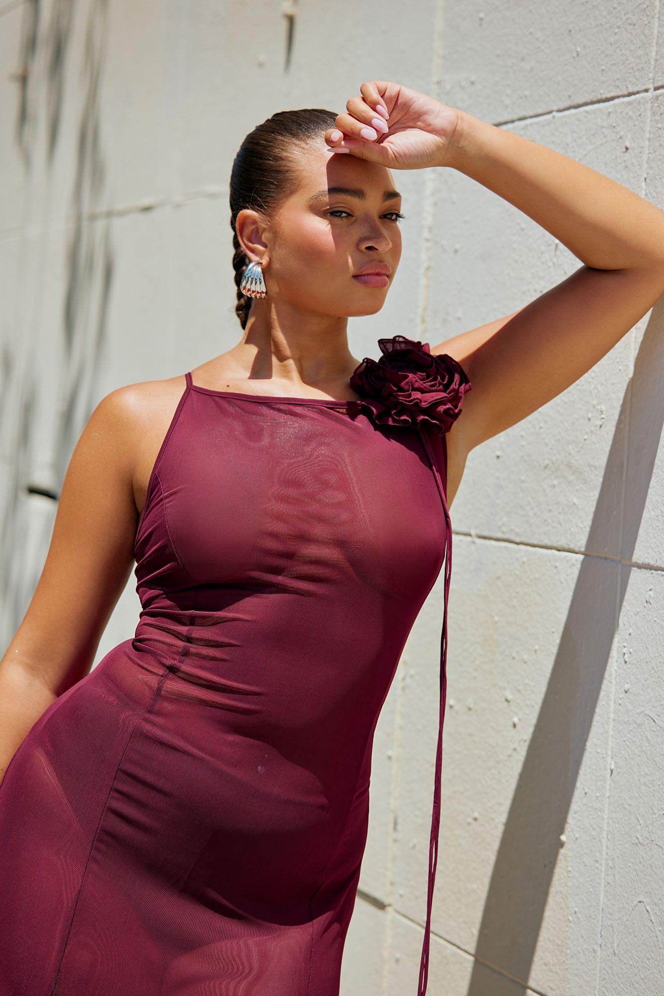 Sheer Goddess Mesh Maxi Dress - Burgundy Female Product Image