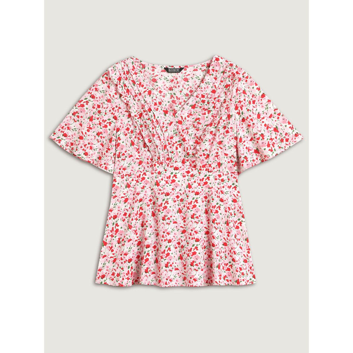 Plus Size Blush Floral Silver Stamp Shirred Waist Blouse Women Short sleeve V-neck Everyday-Elegant Blouses BloomChic 30/6X Product Image