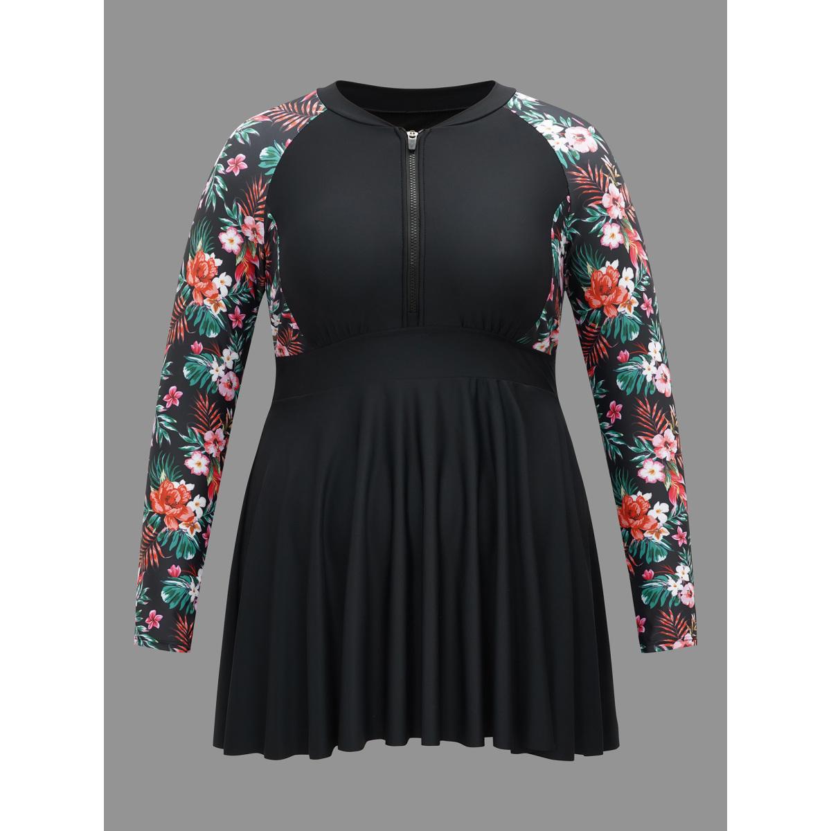 Plus Size Floral Sleeve Half Zipper Swim Dress Women's Swimwear Black Beach Bodycon Round Neck High stretch Curve Swim Dresses BloomChic 10/M Product Image