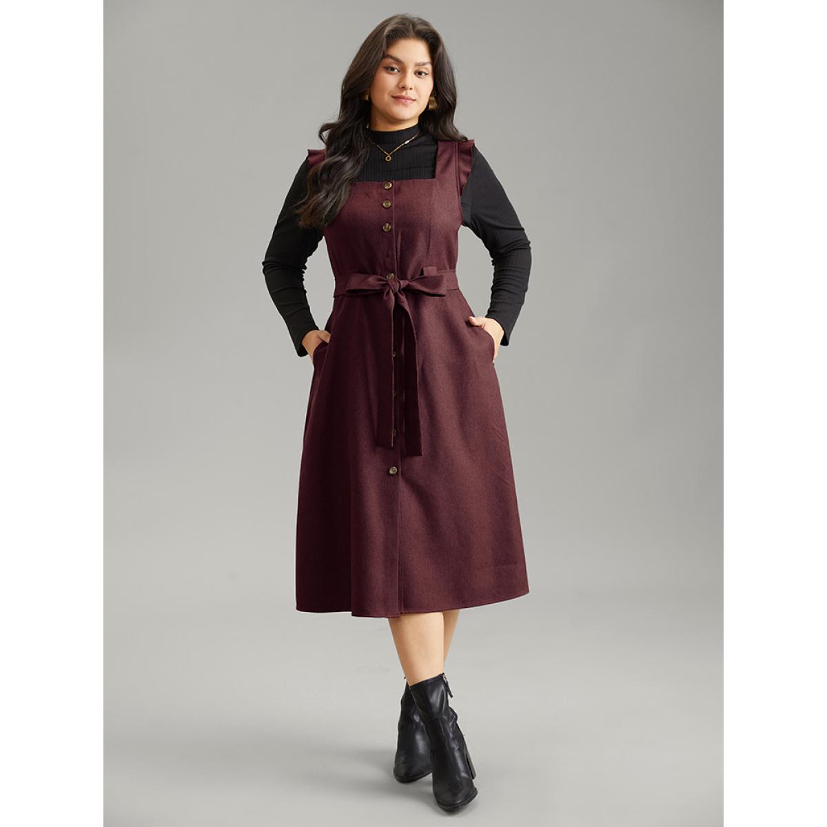 Plus Size Solid Belted Ruffle Trim Button Through Sleeveless Dress Burgundy Women Office Plain Square Neck Sleeveless Curvy Midi Dress BloomChic 30/6X Product Image