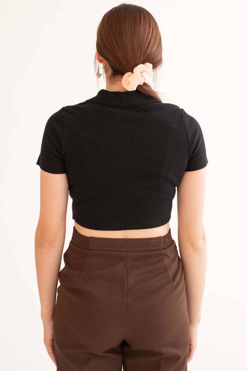 Black Raw Edge Ribbed Crop Polo Product Image
