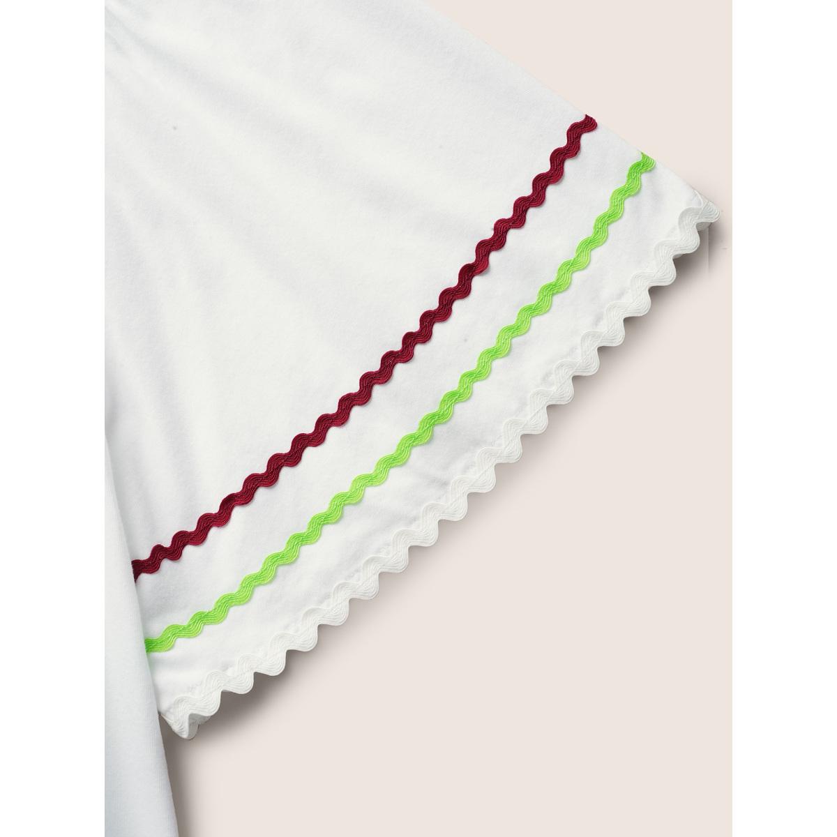 Plus Size Cotton Woven Ribbon Contrast Ruffle Sleeve T-shirt Originalwhite Women Casual Woven ribbon&lace trim Square Neck Everyday T-shirts BloomChic 30/6X Product Image